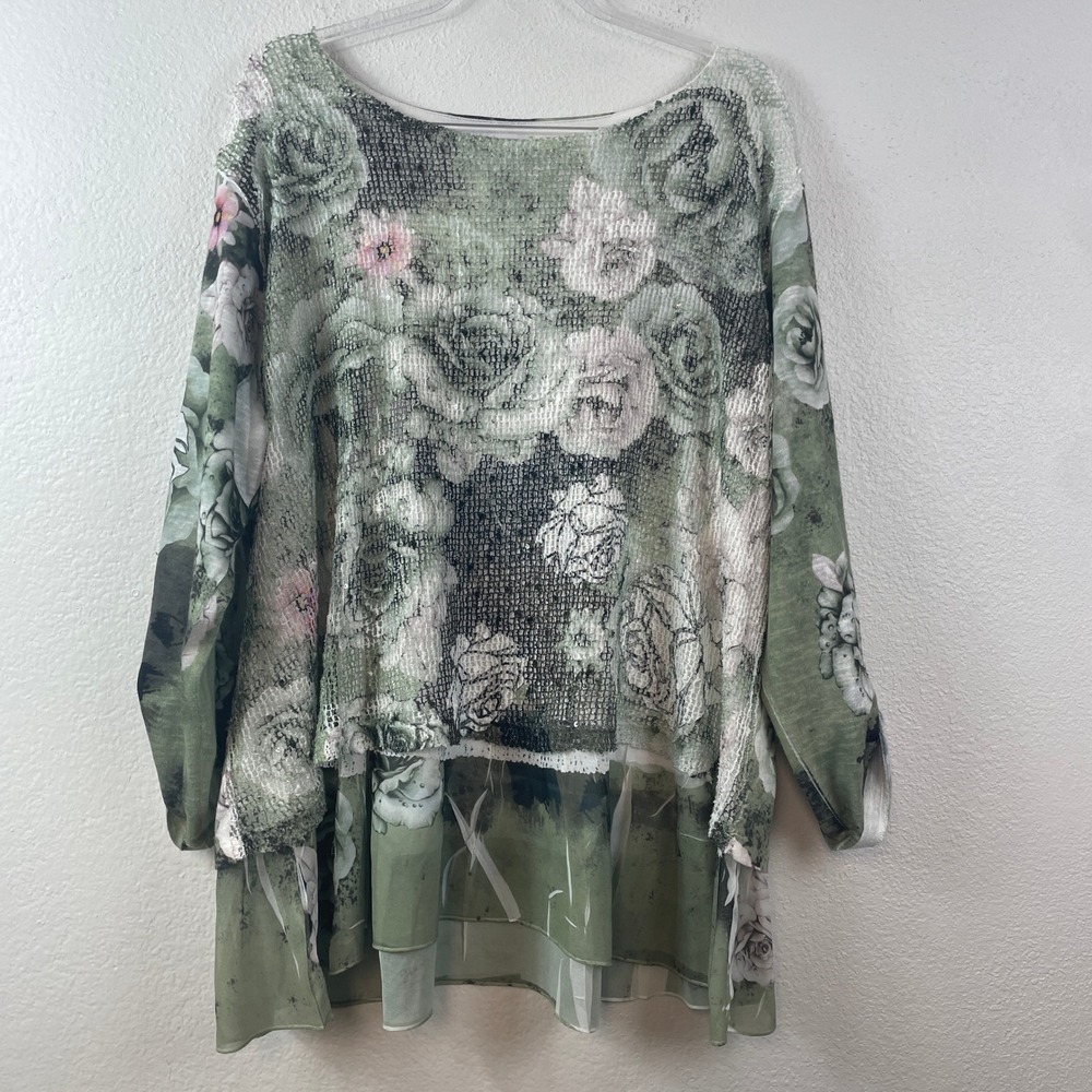 Ali Miles Size 2X Sage Green Floral Mixed Media Sequin Tunic Top Roll Tab Sleeve